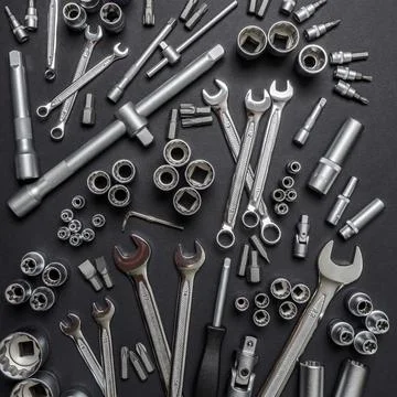 Tool set on black background. Mechanic tools, wrenches or spanners. Technique Stock Photos