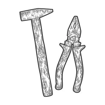 Tool set, hammer and pliers. Apparel print design. Scratch board imitation Stock Illustration