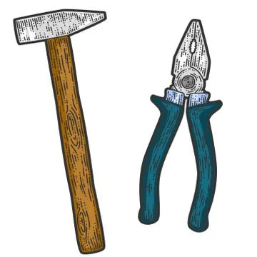 Tool set, hammer and pliers. Apparel print design. Scratch board imitation Illustrazione stock