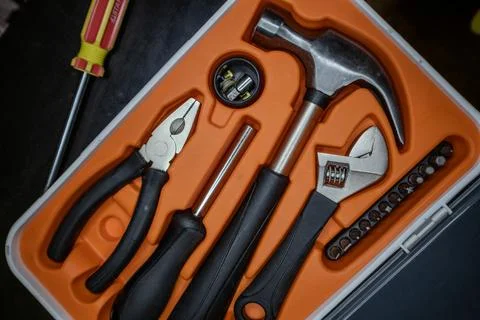 Tool set, hammer, screwdrivers, wrenches, pliers	 Stock Photos