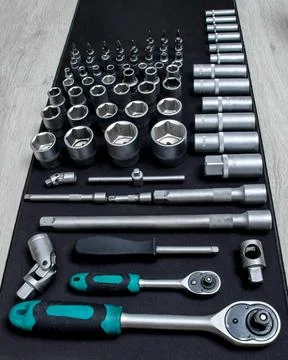 Tool set, socket heads close-up Stock Photos