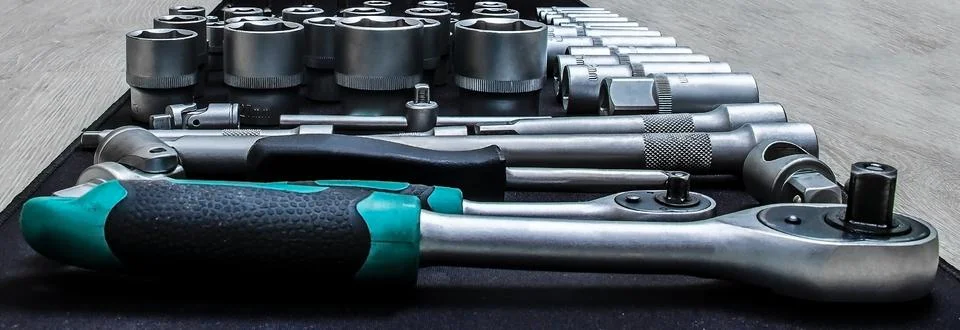 Tool set, socket heads, socket wrench, screwdriver close-up Stock Photos