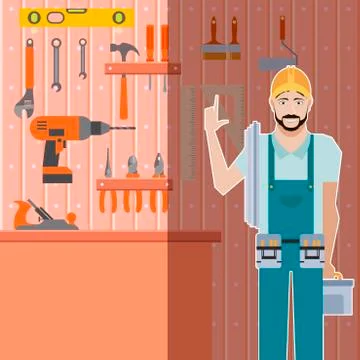 Tool shed with worker Illustrazione stock