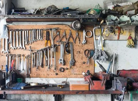 Tool shelf against a wall Stock Photos