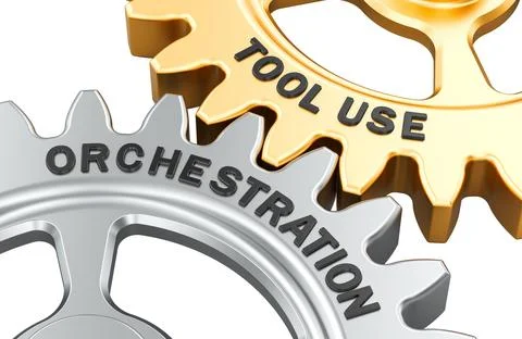 Tool Use and Orchestration gears. 3D rendering Ilustração Stock