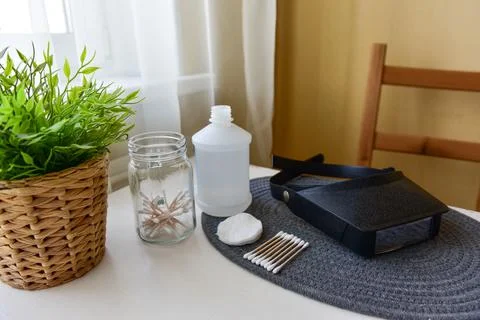 The tool for working with small objects is on the table. Magnifying lens, cot Stock Photos