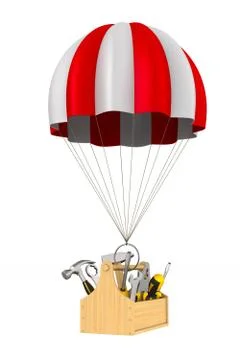 Toolbox and parachute on white background. Isolated 3D illustration Illustrazione stock