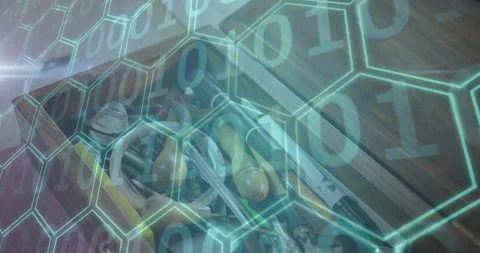 Toolbox drawer receiving technology scanning hex grid and binary overlay while Stock Footage 310325735