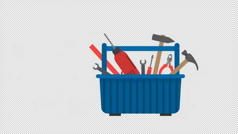 Toolbox with drill, hammer, screwdriver, wrench, pliers, ruler Stock Footage 241812644