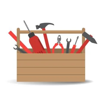 Toolbox with a drill, hammer, screwdriver, wrench, pliers, ruler Stock Illustration