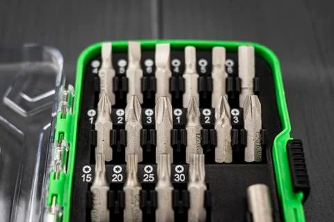 Toolbox with fixed interchangeable screwdriver tips Stock Photos