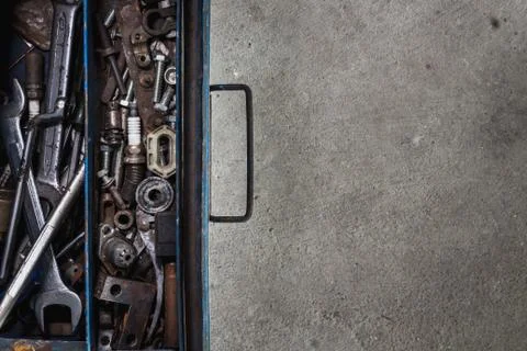 Toolbox on flat lay view with many tools and space Stock Photos