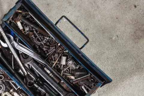Toolbox on flat lay view with many tools and space Stock Photos