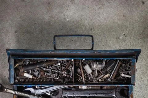 Toolbox on flat lay view with many tools and space Stock Photos