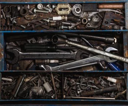 Toolbox on flat lay view with many tools Stock Photos