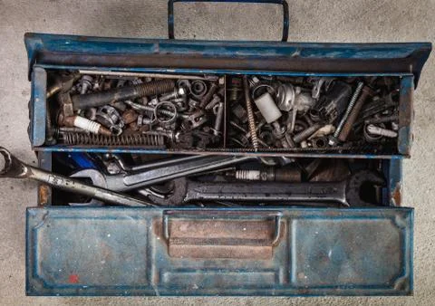 Toolbox on flat lay view with many tools Stock Photos