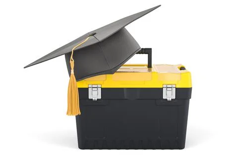 Toolbox with graduation hat. Construction workshop concept, 3D rendering Illustrazione stock