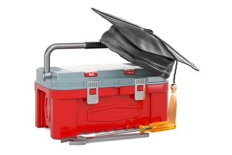 Toolbox with graduation hat. Construction workshop concept, 3D rendering Stock Illustration