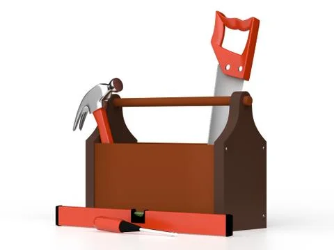 Toolbox with a hammer, screwdriver and handsaw, isolated on white background. Stock Illustration