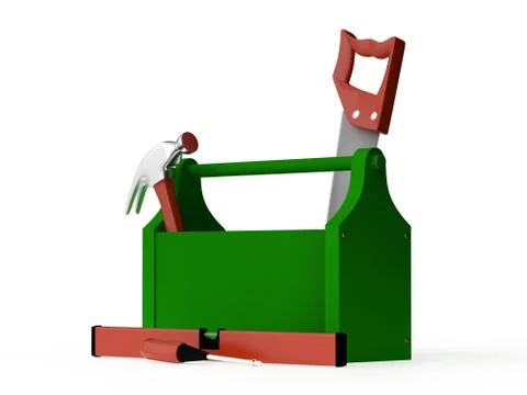 Toolbox with a hammer, screwdriver and handsaw, isolated on white background. Stock Illustration