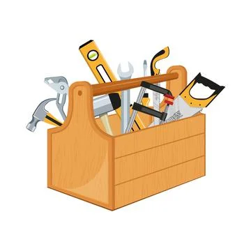 Toolbox with hand tools inside. Workbox with instruments. Building tools. Stock Illustration