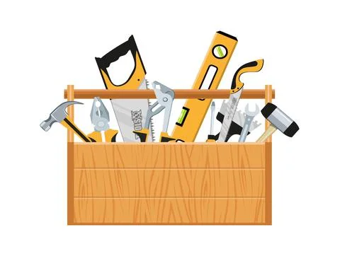 Toolbox with hand tools inside. Workbox with instruments. Building tools. Stock Illustration
