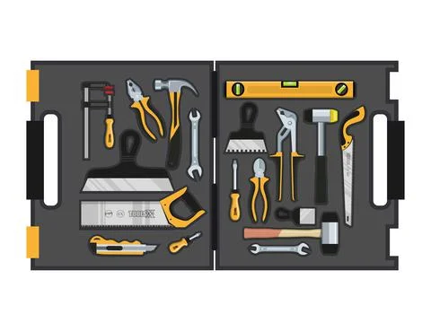 Toolbox with hand tools inside. Workbox with instruments. Building tools. Stock Illustration