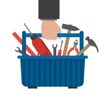 Toolbox in hand. Work tools in a blue box Stock Illustration