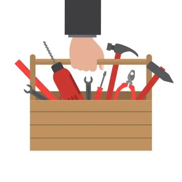 Toolbox in hand. Work tools in a wooden box Stock Illustration