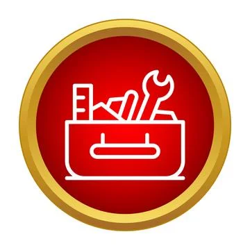 Toolbox holding line art construction tools in red circle Stock Illustration