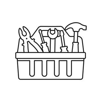 Toolbox icon in flat outline stroke style. Container with construction and .. Stock Illustration