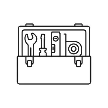 Toolbox icon in flat outline stroke style. Container with construction and .. Stock Illustration