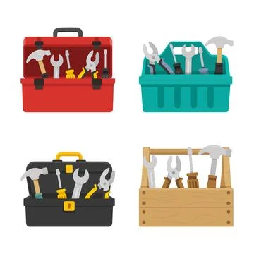 Toolbox icon set collection in flat colorful style. Container with construc.. Stock Illustration
