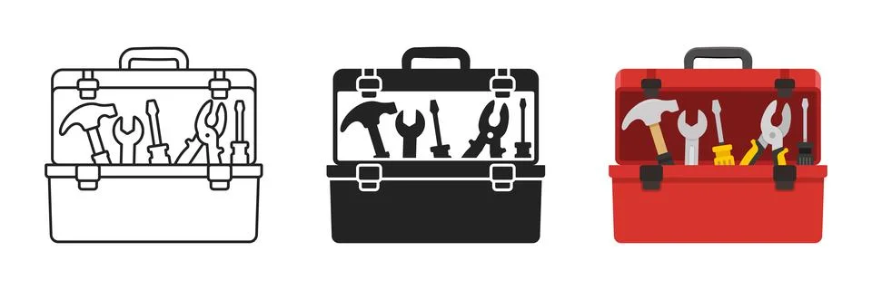 Toolbox icon set collection in flat style. Container with construction and .. Stock Illustration