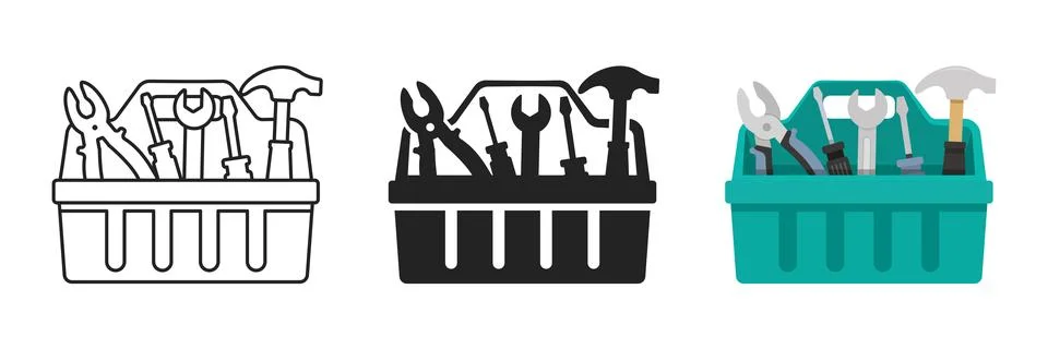 Toolbox icon set collection in flat style. Container with construction and .. Stock Illustration