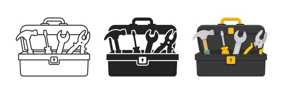 Toolbox icon set collection in flat style. Container with construction and .. Stock Illustration