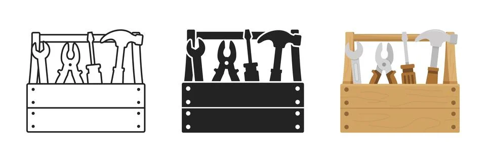 Toolbox icon set collection in flat style. Container with construction and .. Stock Illustration