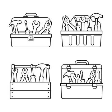 Toolbox icon set collection in flat outline stroke style. Container with co.. Stock Illustration