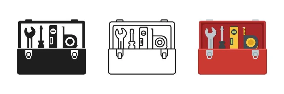 Toolbox icon set collection in flat style. Container with construction and .. Stock Illustration