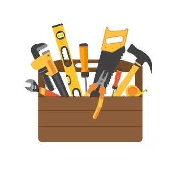 Toolbox with instruments inside. Workmans toolkit. Tool chest with hand tools. Stock Illustration