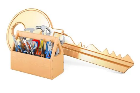 Toolbox with key. Turnkey repair with key, 3D rendering Stock Illustration