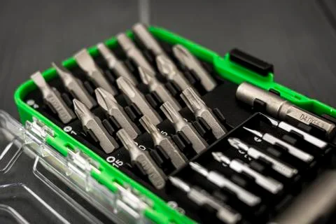 Toolbox with many different interchangeable screwdriver tips Stock Photos
