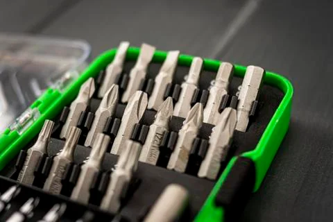 A toolbox with many interchangeable screwdriver tips Stock Photos