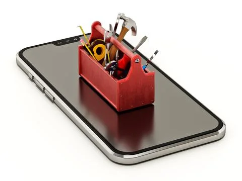Toolbox with repair tools standing on generic smartphone. 3D illustration Stock Illustration