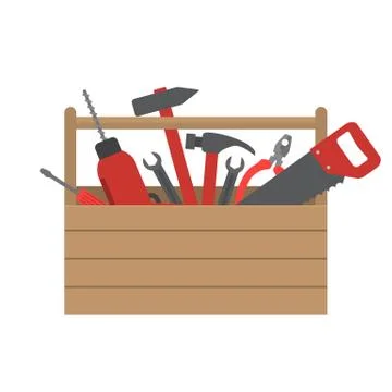 Toolbox. There is a drill, hammer, saw, screwdriver, wrench, pliers here Stock Illustration