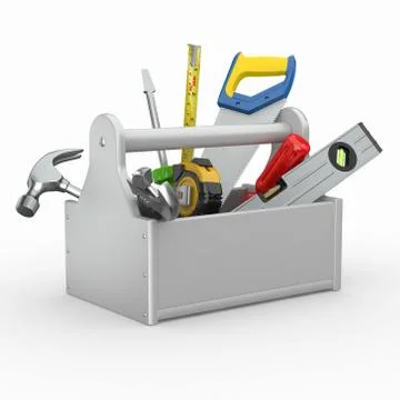 Toolbox with tools. skrewdriver, hammer, handsaw and wrench. 3d Ilustración de archivo