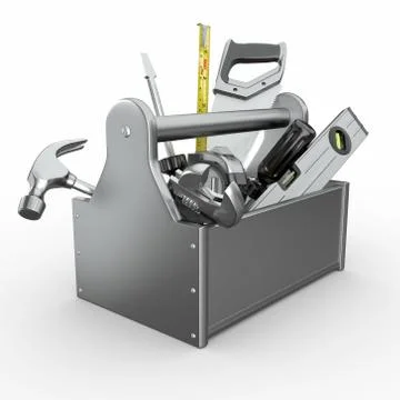 Toolbox with tools. skrewdriver, hammer, handsaw and wrench. 3d Ilustración de archivo