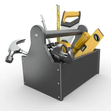 Toolbox with tools. skrewdriver, hammer, handsaw and wrench. 3d Ilustración de archivo