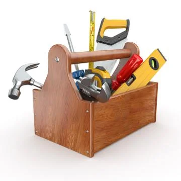 Toolbox with tools. skrewdriver, hammer, handsaw and wrench. 3d Stock Illustration