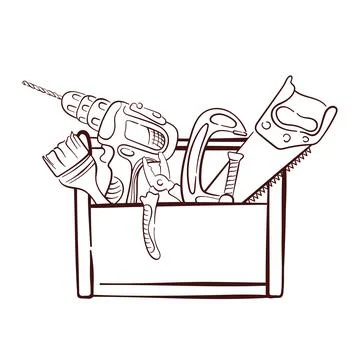Toolbox with various repair tool including Paint brush, electric drill, Pliers Stock Illustration